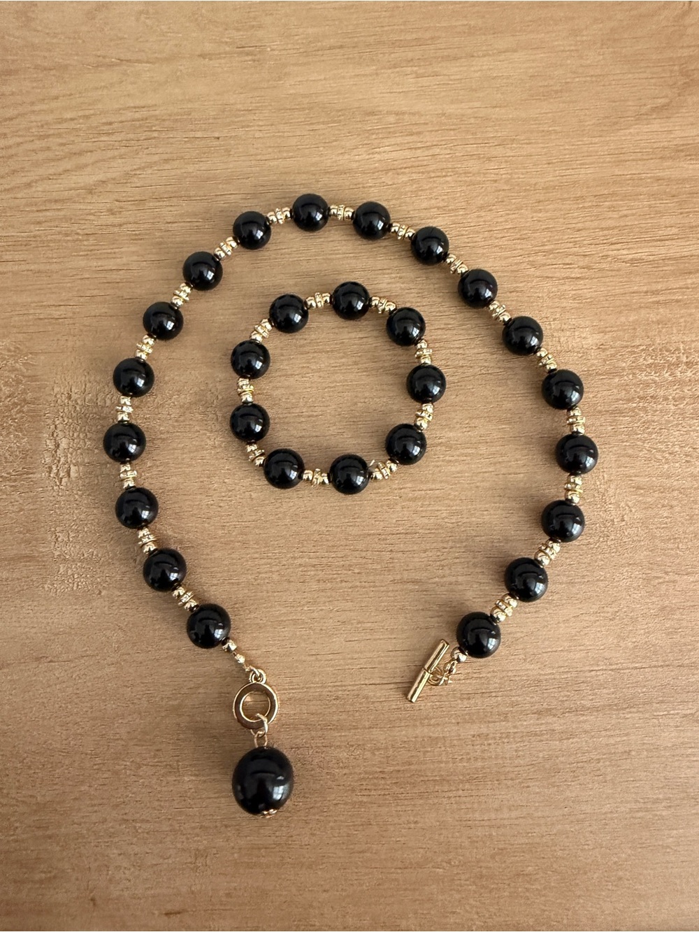 Black Beaded Necklace and Bracelet Set - Gold Accents